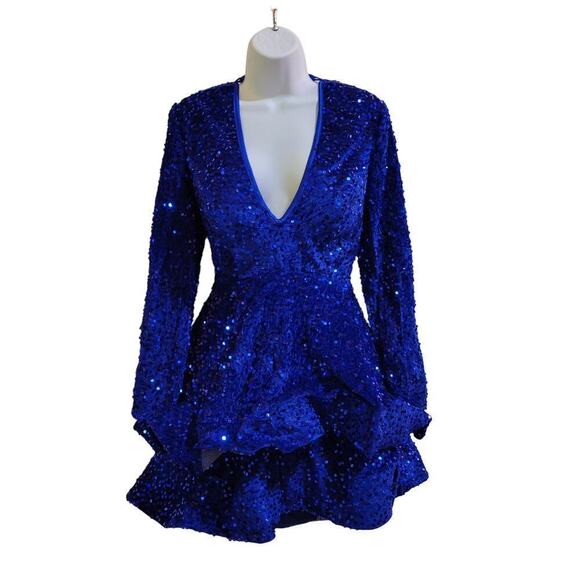 None Dresses & Skirts - Sapphire Blue Long Sleeved Short Dress with Corset Back